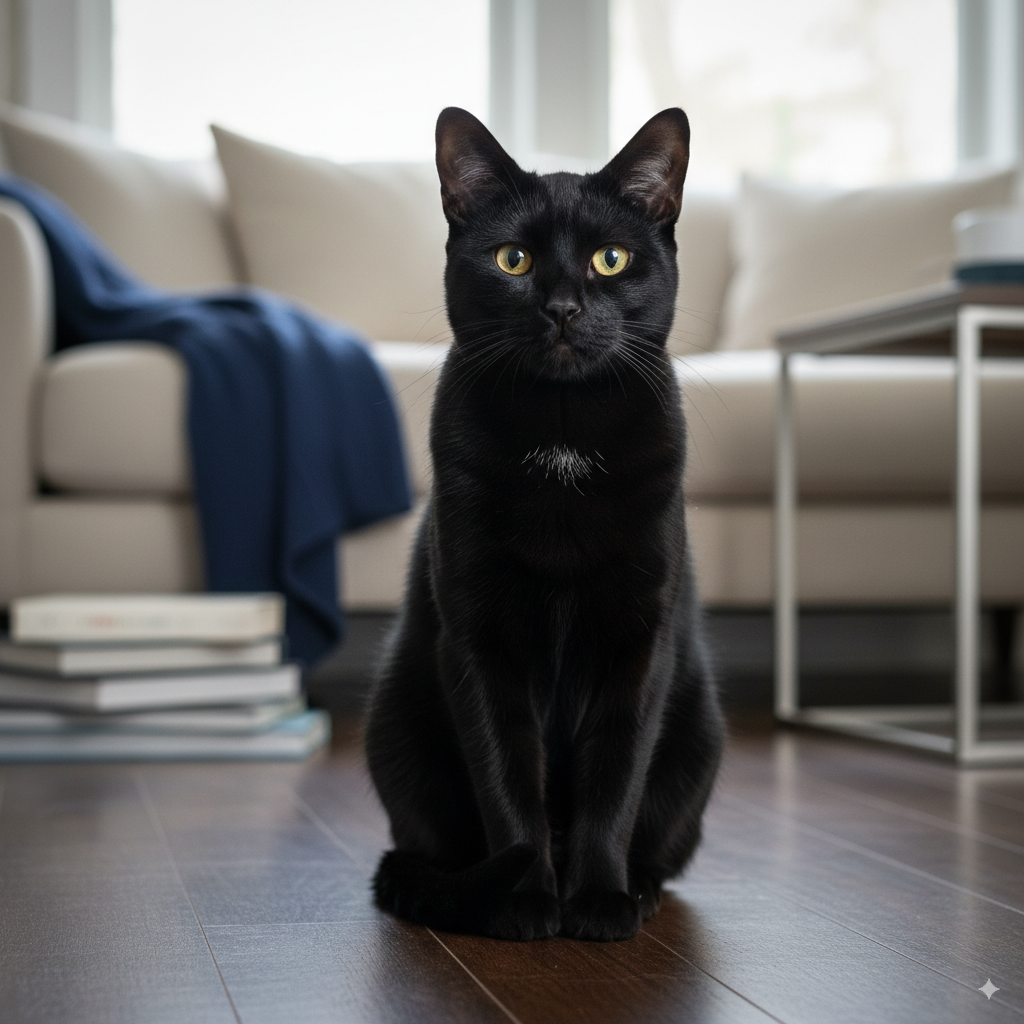 Black cat sitting on wooden floor
