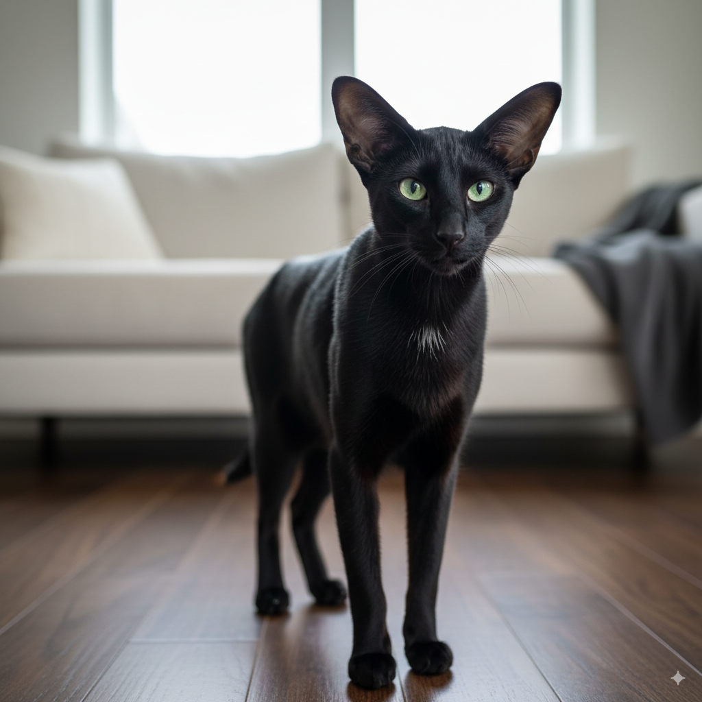 Black cat standing on wooden floor.