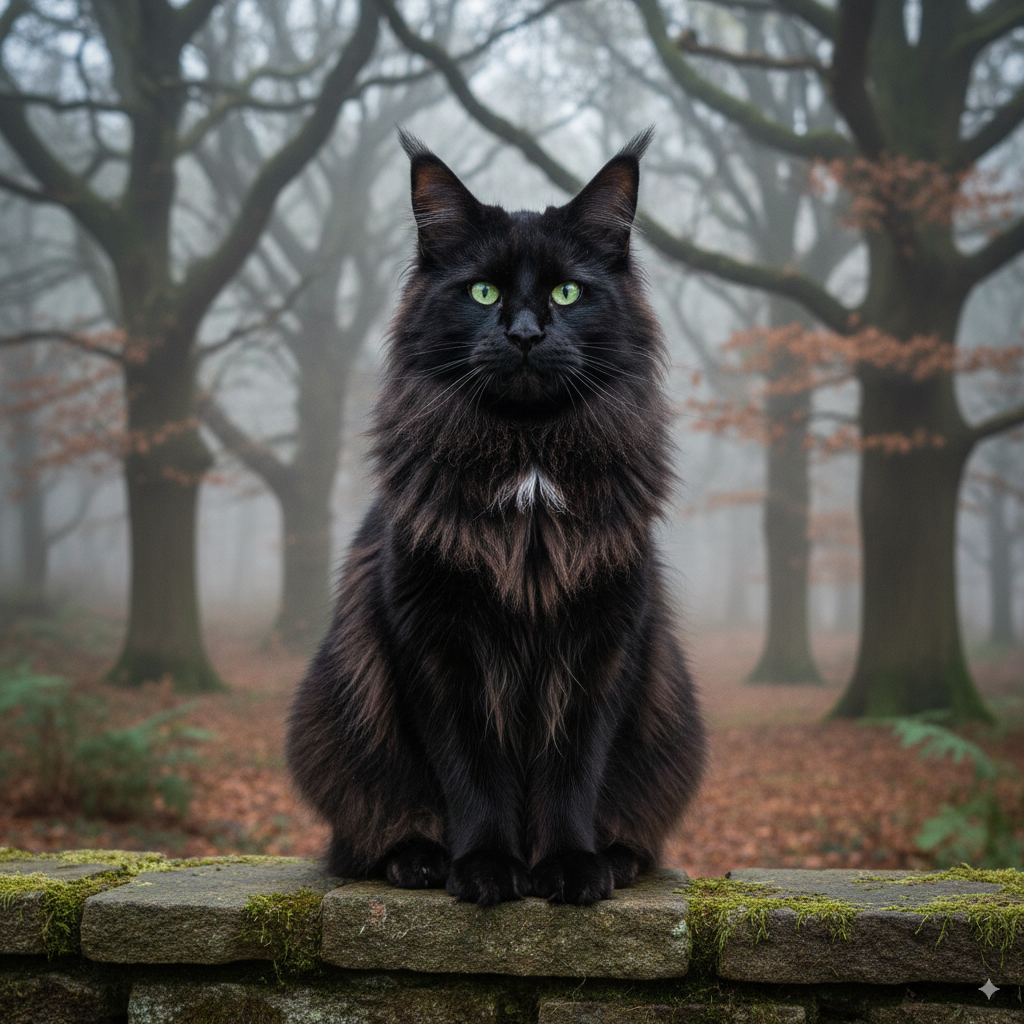 Black cat in foggy forest.