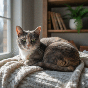 Calico cat resting on cozy blanket