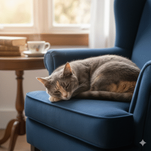 Cat sleeping on blue armchair.