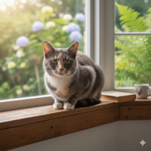Cat sitting on windowsill, sunlight.