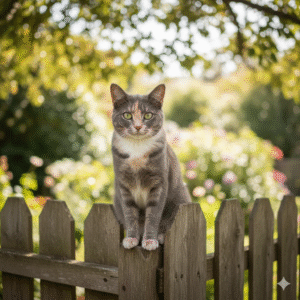 Cat sitting on wooden fence.