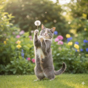 Cat playing with dandelion in garden
